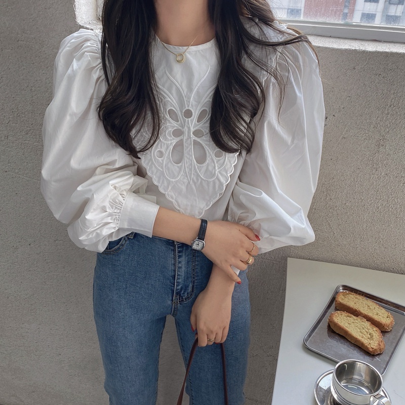 Áo sơ mi trắng kiểu cổ ren tay bồng tiểu thư phong cách Hàn Quốc ulzzang