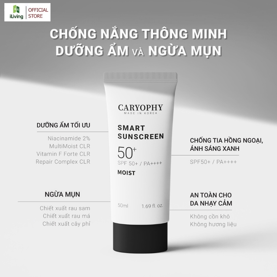 Kem chống nắng ngừa mụn Caryophy Smart Sunscreen 50ml và 5ml ILIVING-CARYKCN