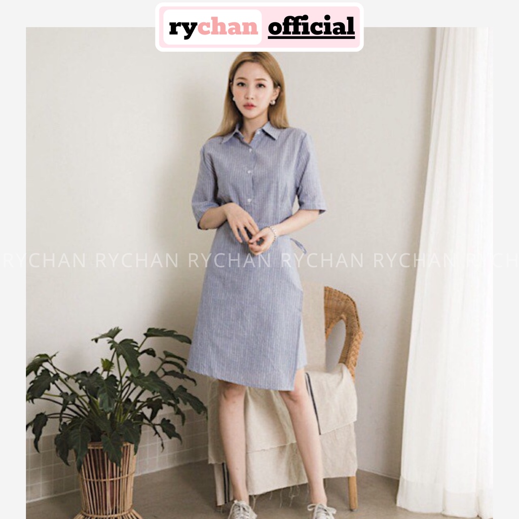[ẢNH THẬT CUỐI] DX662 - Đầm Xòe Sơ Mi Sọc Đen Đắp Chéo Tà