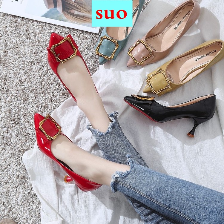 Giày búp bê da bóng mũi nhọn đính khóa vuông phong cách Hàn Quốc thời trang mùa thu 2021 cho nữ