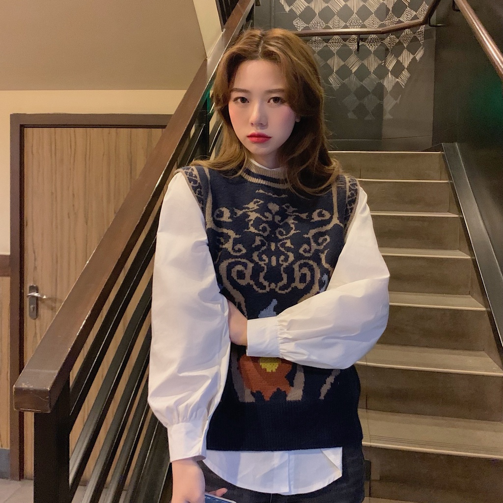 Áo dệt kim không tay thời trang 178981Áo kiểu Retro Hàn Quốc dáng rộng xếp gọn cá tính | BigBuy360 - bigbuy360.vn