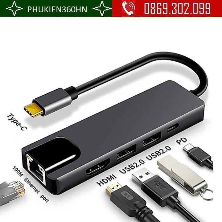 [Mã 44ELSALE2 giảm 7% đơn 300K] ROGTZ Cáp USB Type-C Ra 5 Cổng HDMI 4K, USB 2.0 Và Ethernet RJ45 - Hàng Chính Hãng