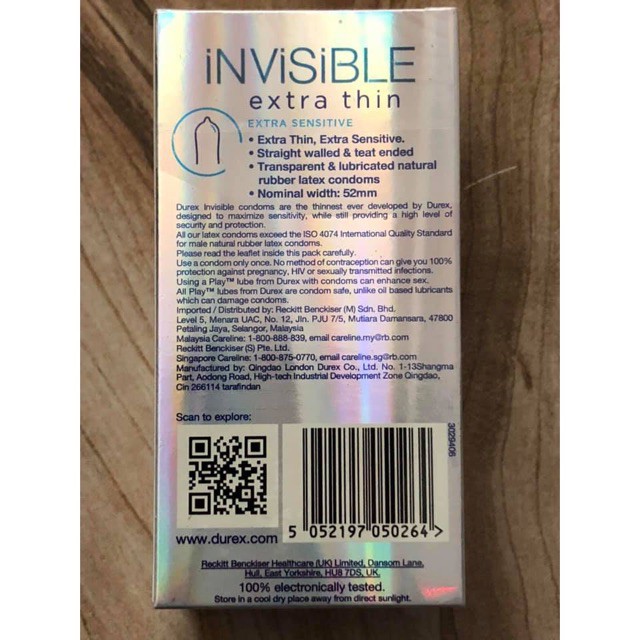 Bao Cao Su Durex Invisible Hộp 10 cái  (Vô hình)