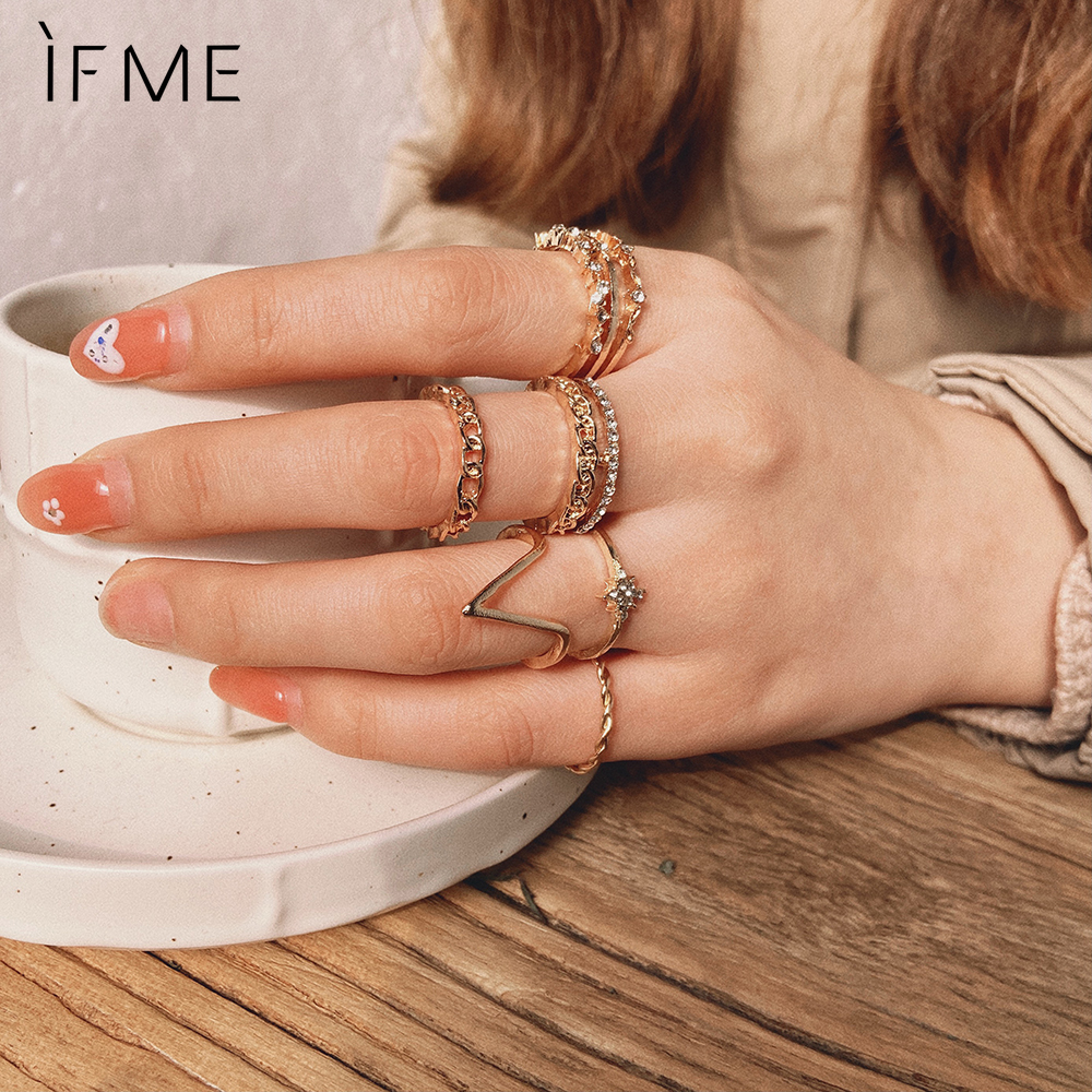 IF ME Set 6 Nhẫn Đeo Tay Kim Loại Đính Đá Phong Cách Retro Cho Nữ
