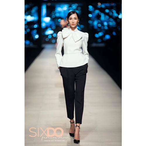 Áo vest trắng nữ phối nơ cổ, khóa sau SIXDO