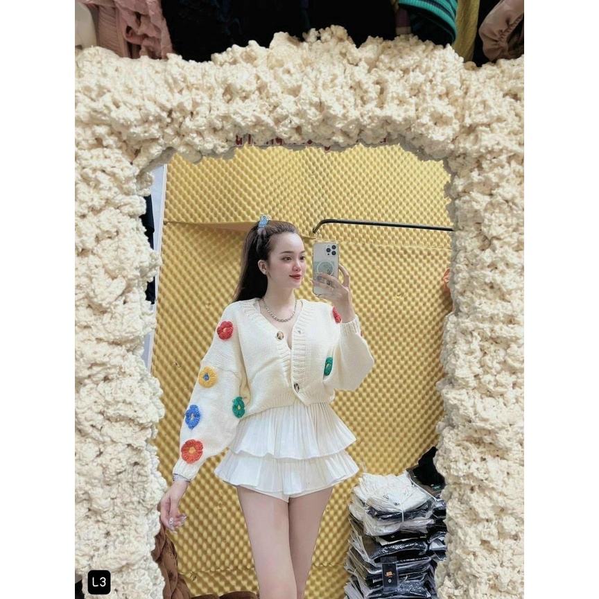 Áo khoác len nữ tay dài 2 nút phối hoa