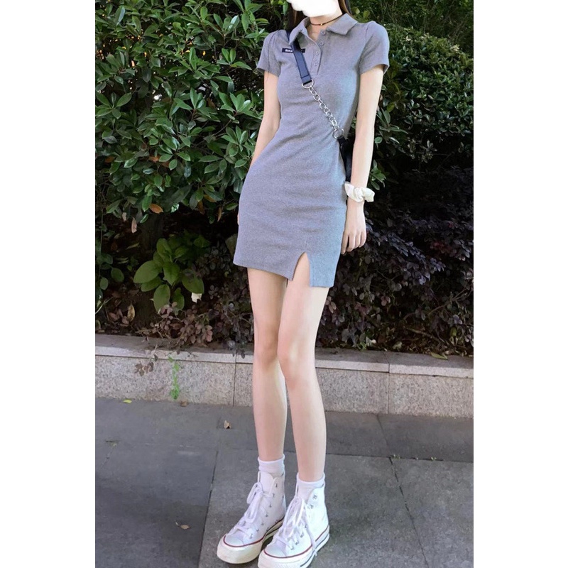 AMOI Đầm Ngắn Cổ Polo Xẻ Tà Dáng Ôm Thời Trang Mùa Hè Quyến Rũ Cho Nữ