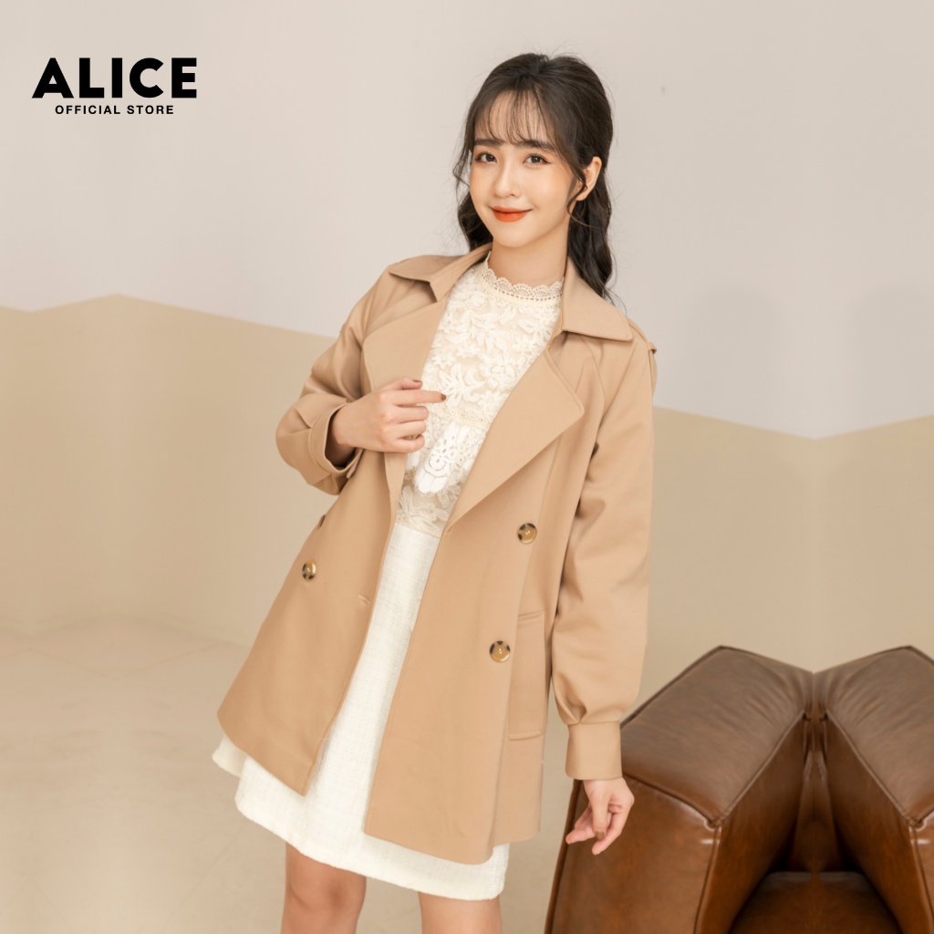 Áo Măng Tô Nữ Dáng Ngắn Kèm Đai ALICE Thiết Kế Tôn Dáng Chất Liệu Kaki Hàn Lót Lụa Cao Cấp V737