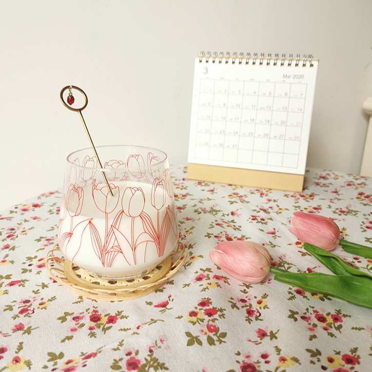 Cốc Ly Thủy Tinh Tulip Uống Trà Sữa và Trang Trí In Hình Hoa Tulip