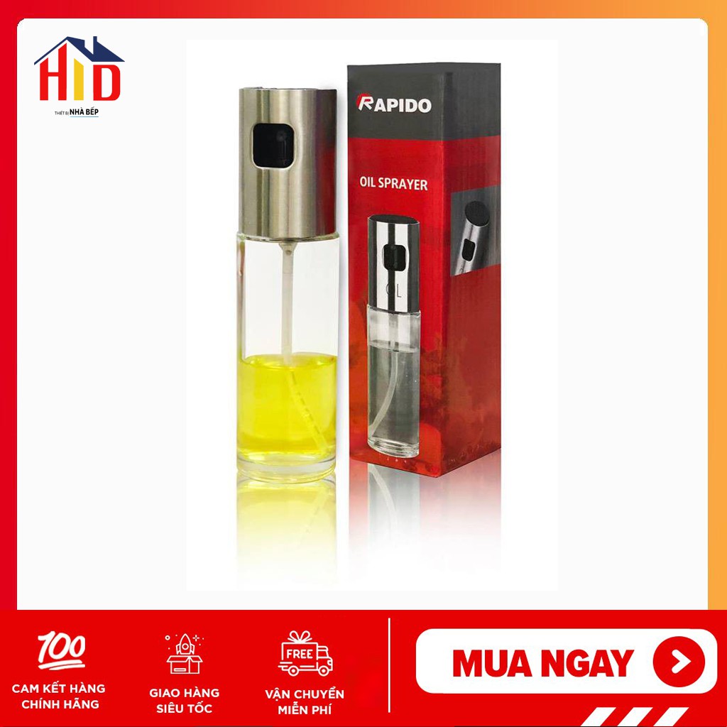 [Hàng loại 1] Bình xịt dầu ăn thủy tinh 100ml Rapido, nắp bằng inox bền, chắc, rất đẹp, hàng chính hãng