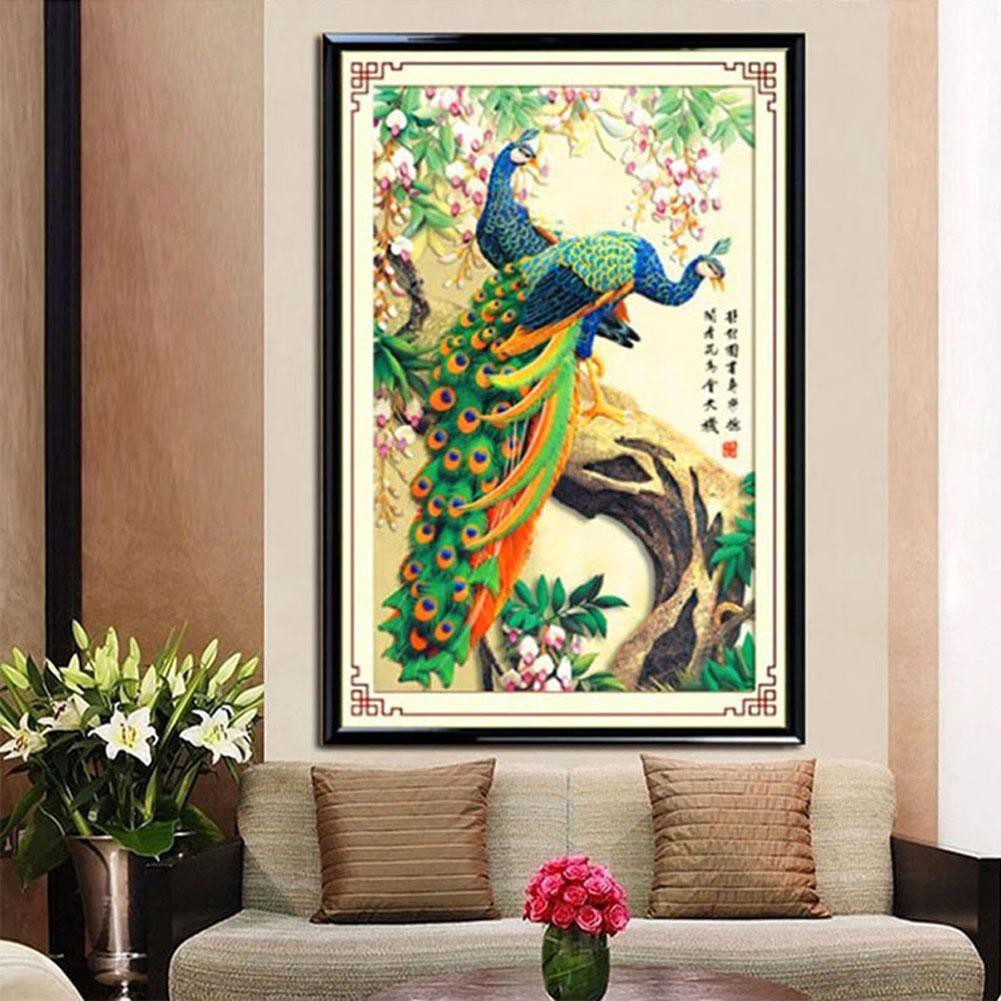 Bộ dụng cụ làm tranh đính đá thủ công hình hai chú công chất liệu vải và đá kích thước 32 * 45cm tiện dụng