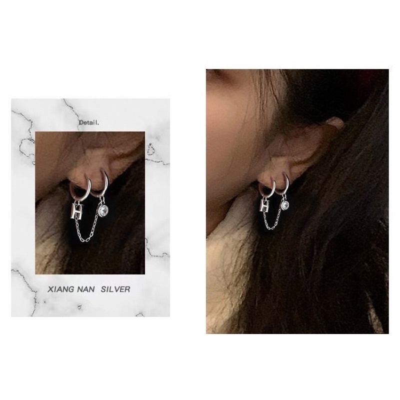 1 chiếc bông tai khoen xích đeo 2 lỗ Chữ H