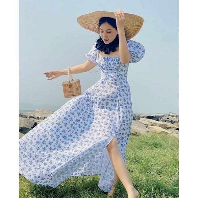 Đầm maxi hoa xanh xẻ tà đi biển