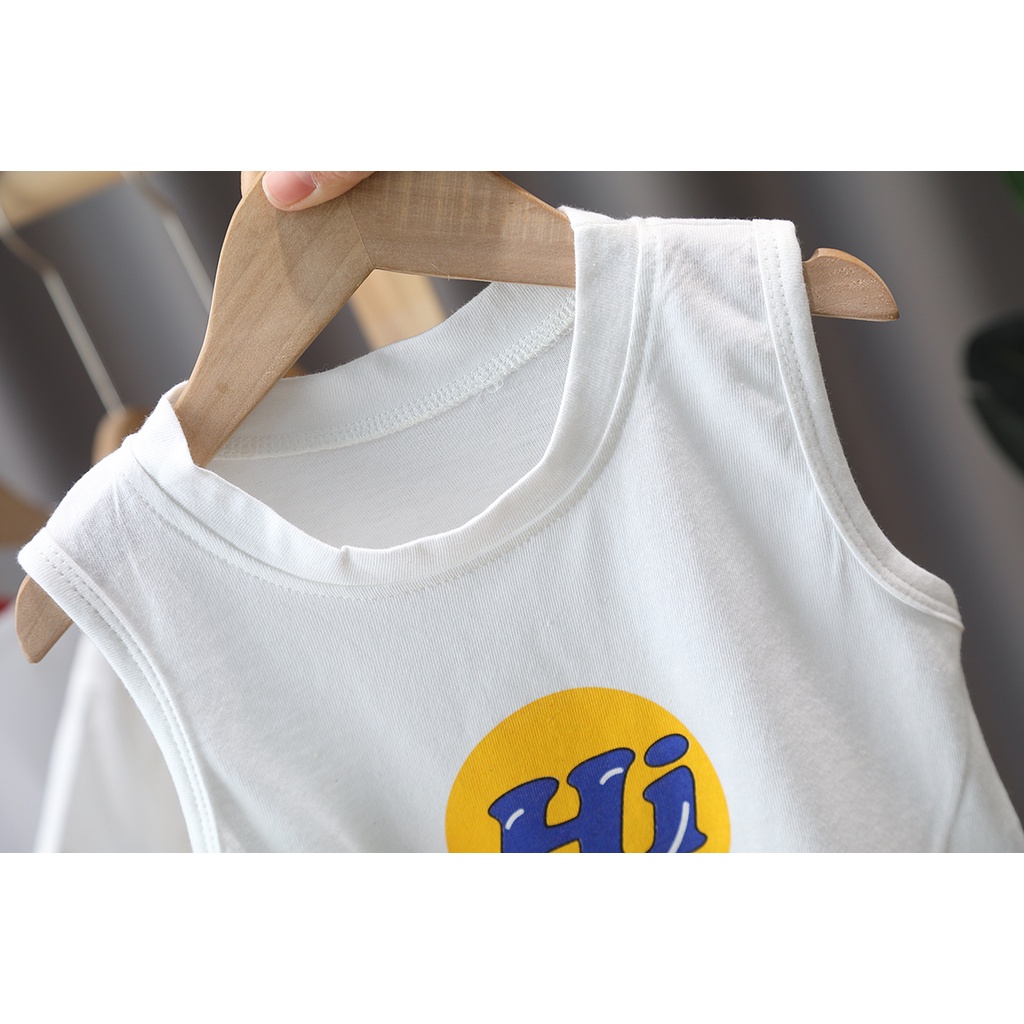 Set Áo Sơ Mi Tay Ngắn + Áo Ba Lỗ + Quần Short Cotton Họa Tiết Sọc Caro Thời Trang Mùa Hè Cho Bé Size 80-120cm