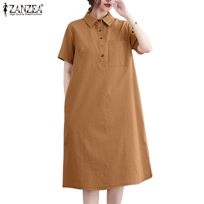 Đầm midi Zanzea tay ngắn cổ bẻ có túi phong cách vintage thời trang cho nữ