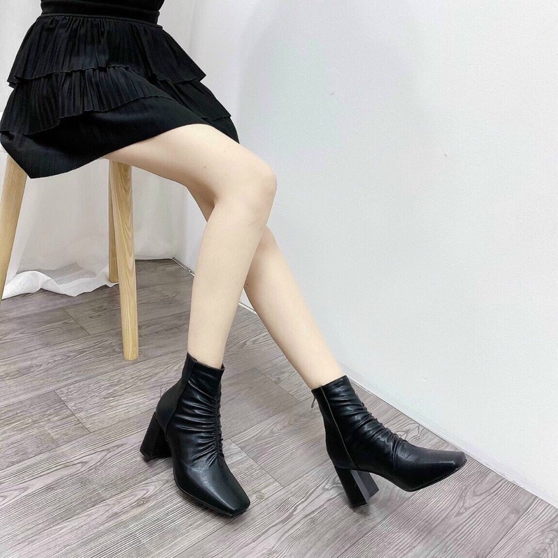 Boot lửng mũi nhăn da mềm gót vuông siêu hot