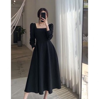 Đầm cổ vuông dài tay dáng xoè