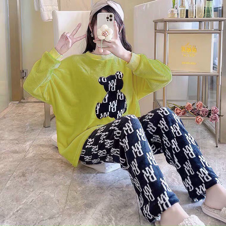 Bộ đồ nữ dài tay- Bộ pyjama mặc nhà, mặc ngủ in hình gấu siêu xinh chất vải thun cotton 4 chiều mịn thoáng mát