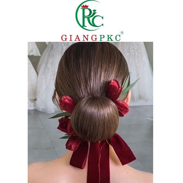 Bộ cài tóc cô dâu hoa tulip nhung kèm dây băng đô nhung đỏ đô Giangpkc 2022  Phụ kiện cưới Giang
