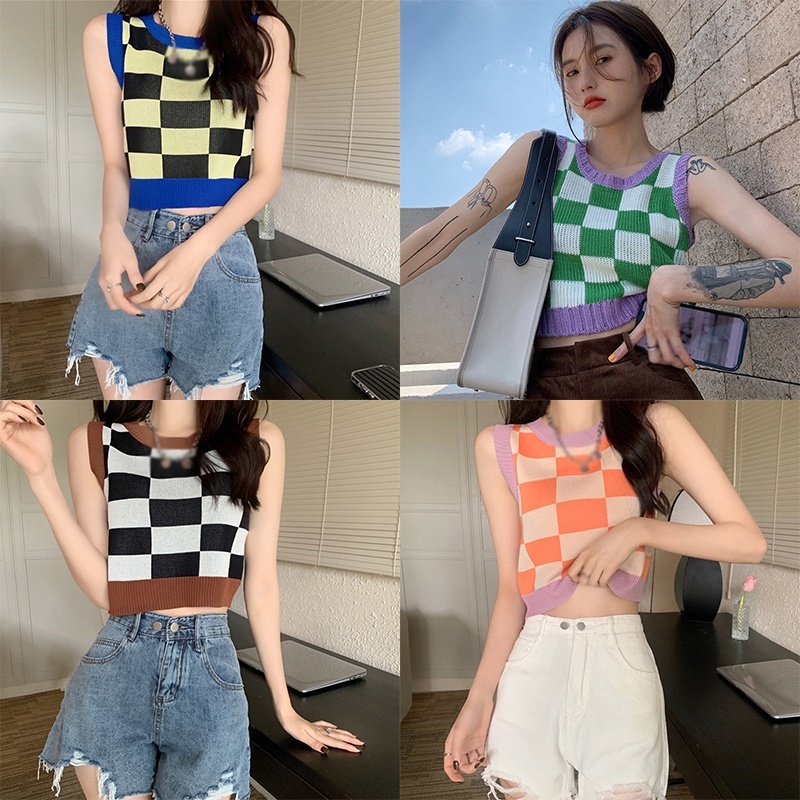 Áo Croptop Dệt Kim Không Tay Dáng Rộng Màu Sắc Thời Trang Cho Nữ