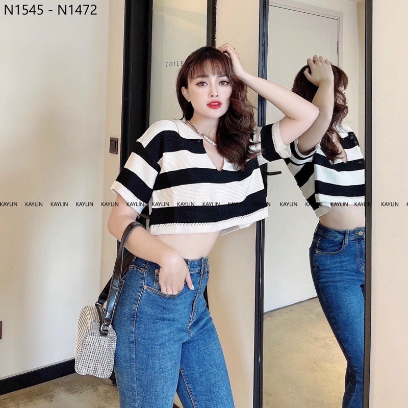 💥Áo len mongtoghi croptop kẻ ngang cổ đức xẻ V