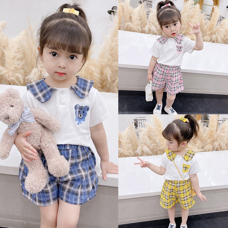 Bộ Quần Áo Tay Ngắn Cổ Búp Bê Chất Liệu Cotton Thời Trang Mùa Hè Phong Cách Hàn Quốc Cho Bé Gái