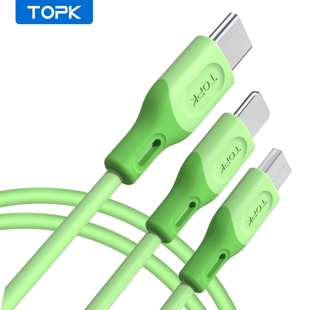 Cáp sạc TOPK AN84 bằng TPE silicone dẻo đầu Micro USB Type C Lightning 3 trong 1 tiện dụng | BigBuy360 - bigbuy360.vn