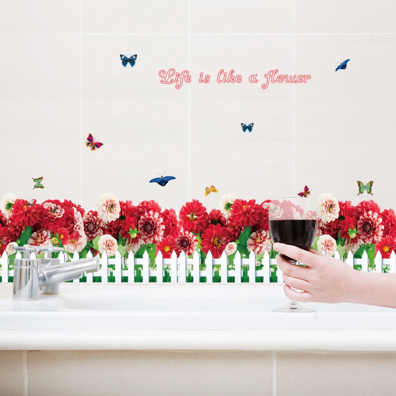 Decal dán chân tường HÀNG RÀO HOA CÚC ĐỎ