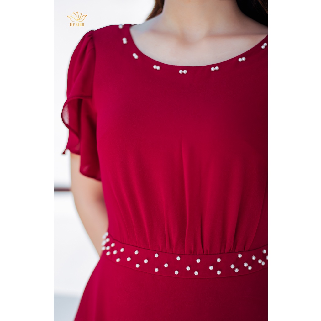 Đầm đính ngọc cao cấp form xoè cổ tròn đính ngọc đỏ đô TTV1061