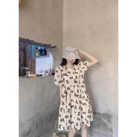 váy bầu babydoll , đầm bầu họa tiết nơ xinh xắn