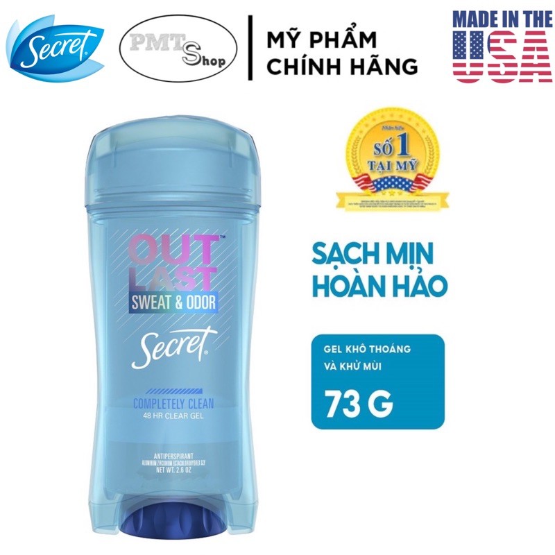 [USA] Lăn khử mùi nữ gel Secret Outlast Sweat & Odor Completely Clean 73g - Mỹ