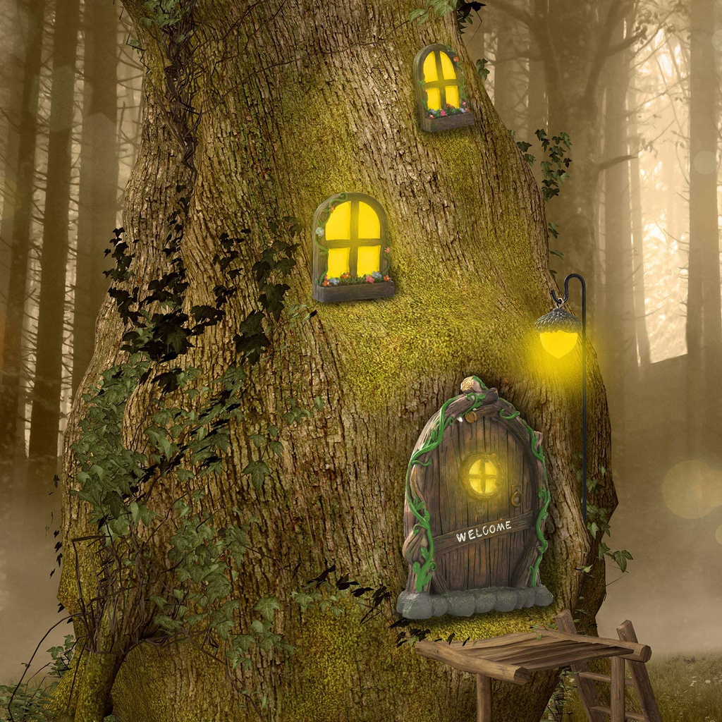 Fairy Door and Window Tree Decor Garden Decoration Luminous Yard Art Outdoor Resin Pendant for Kids