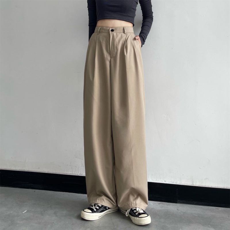 Quần kaki suông ống rộng phong cách Vintage cho Nam Nữ