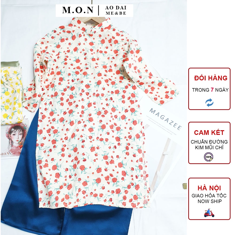 Set Áo Dài Hoa Nhí Cho Mẹ và Bé Gái Hạ Vy Hoa Đỏ MON