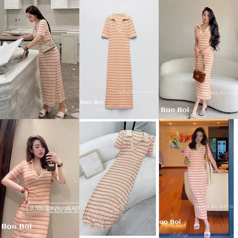 Váy len polo kẻ dáng dài ( kèm ảnh chụp thật )