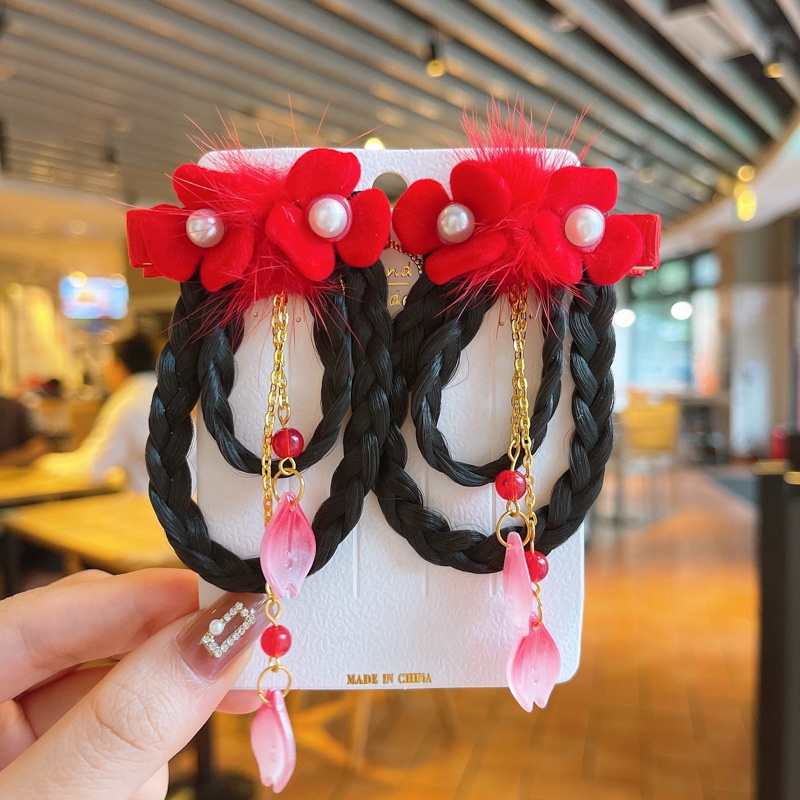 Set 2 Kẹp Tóc Giả Màu Đỏ Mừng Năm Mới Phong Cách Trung Hoa Cho Bé Gái