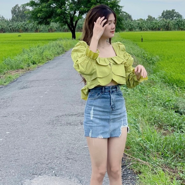 Áo kiểu tay dài cổ vuông phối tầng ,áo bánh bèo babydoll,chất vãi đũi mềm siêu xinh PLA08