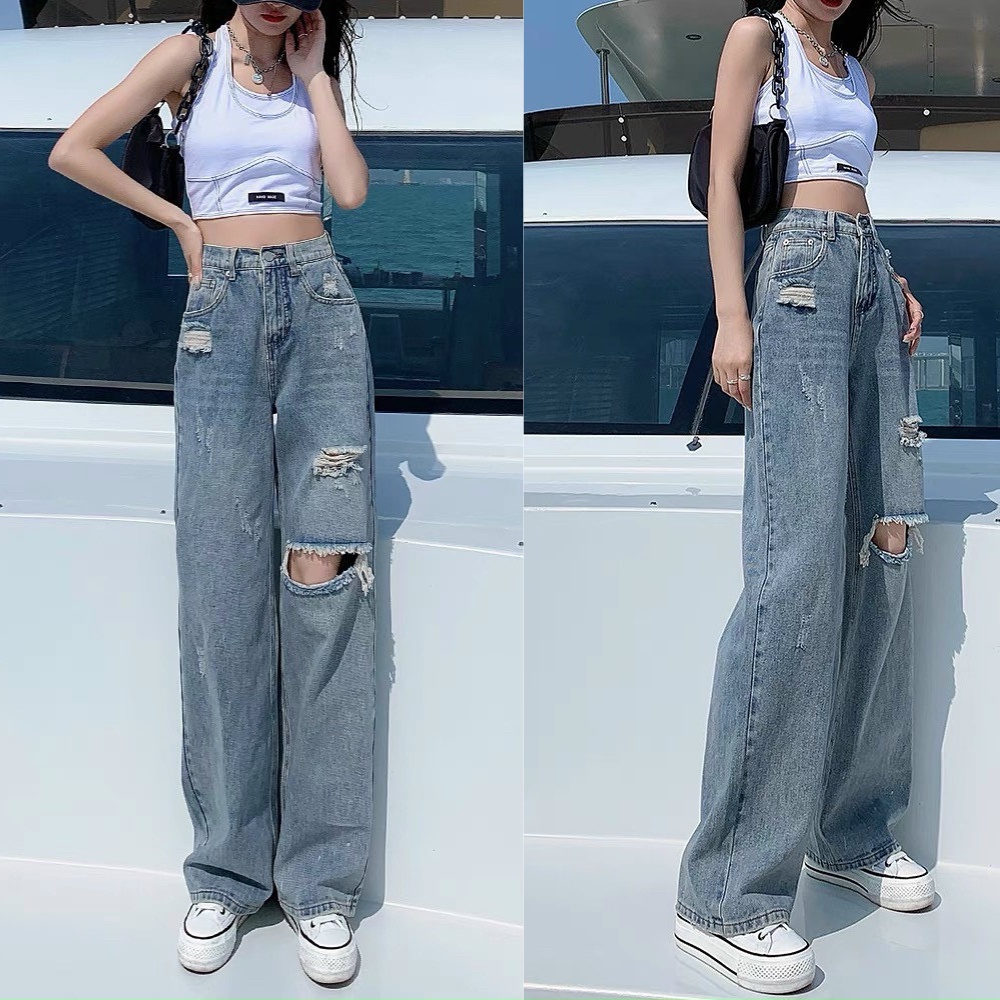 Quần Jean Nữ Ống Rộng Rách Gối  Dáng Xuông Vải Bò Basic Cực Hách Dáng Phong Cách Ulzzang đủ size S M L QX3