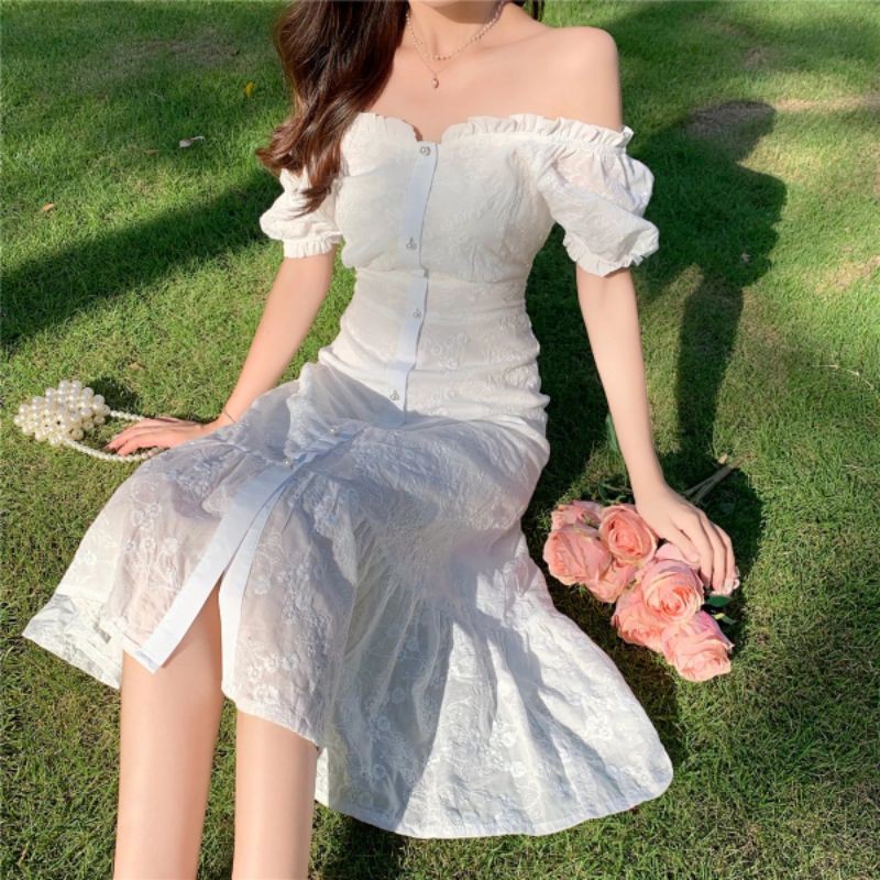 [Order] (K) Váy đầm Tiểu thư nền hoa trễ vai dáng dài loại đẹp màu trắng