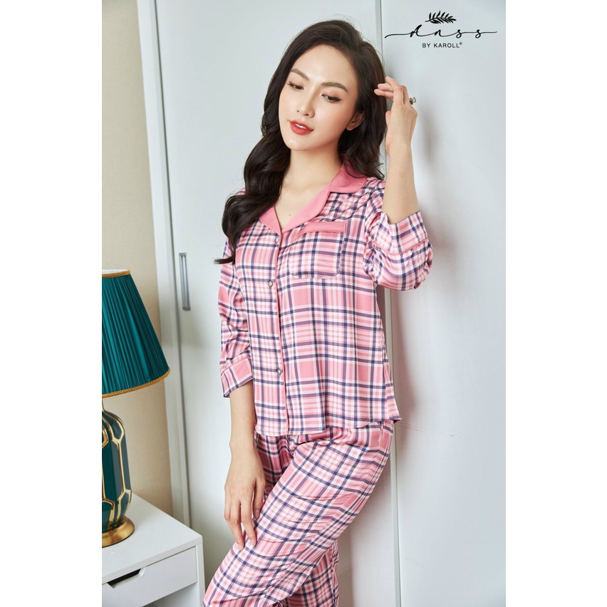 Bộ đồ pijama mặc nhà Lụa ANSS. Set đồ ngủ chất lụa Satin cao cấp mềm mại, họa tiết kẻ caro hottrend, phối viền tay lửng