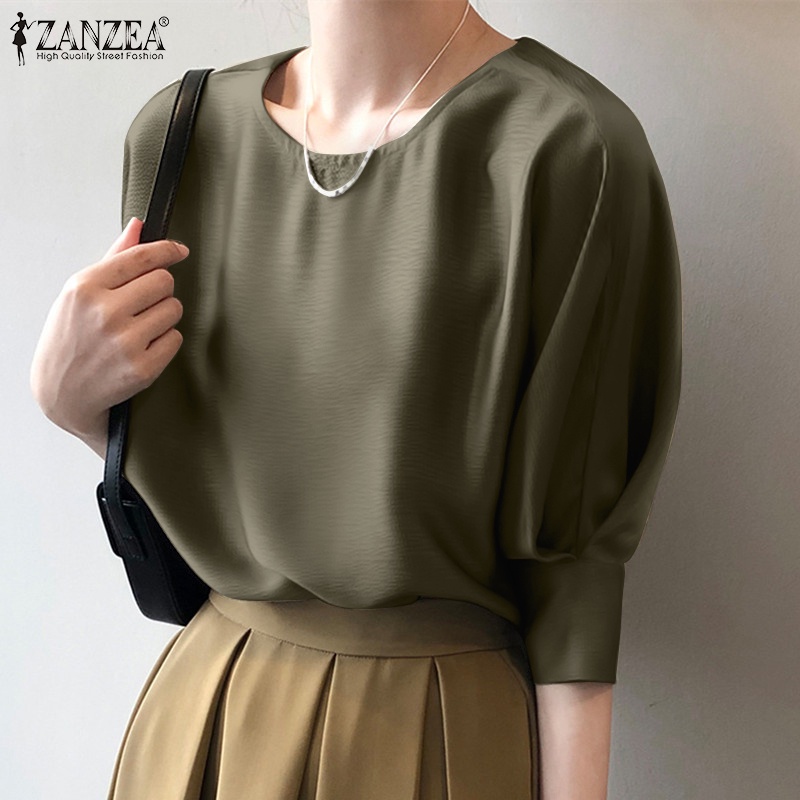 Áo kiểu Zanzea vải satin tay 3/ 4 cổ tròn cài nút thời trang cho nữ