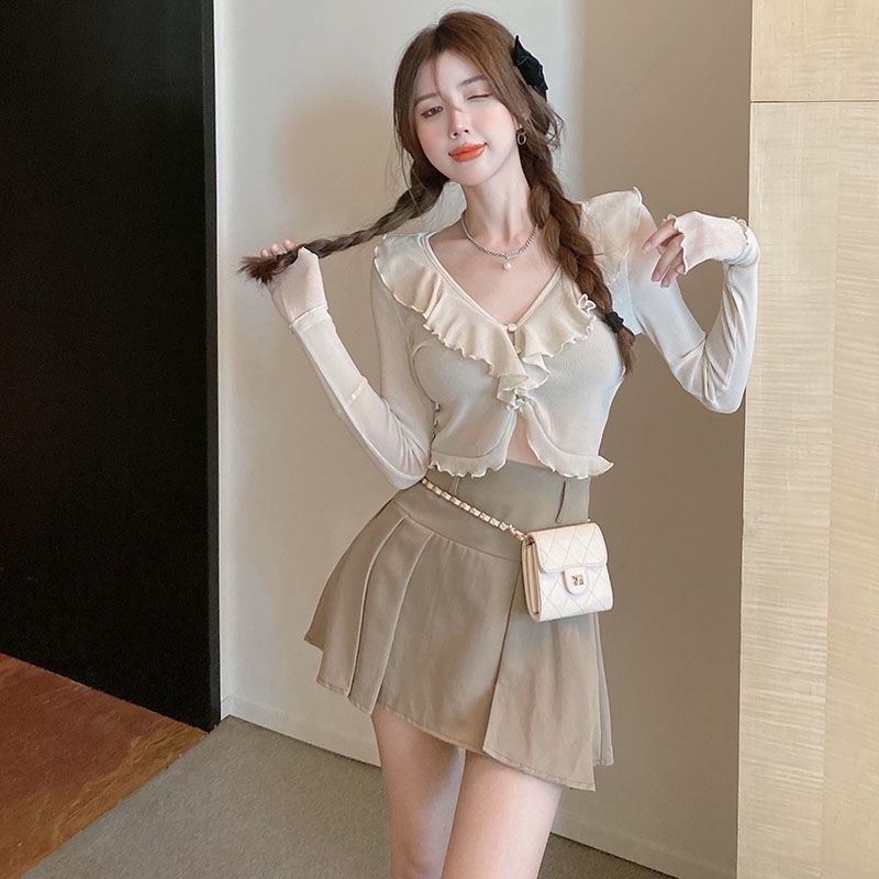 COZOKC COZOK Áo cardigan dệt kim COZOK tay dài phối bèo kiểu dáng thời trang