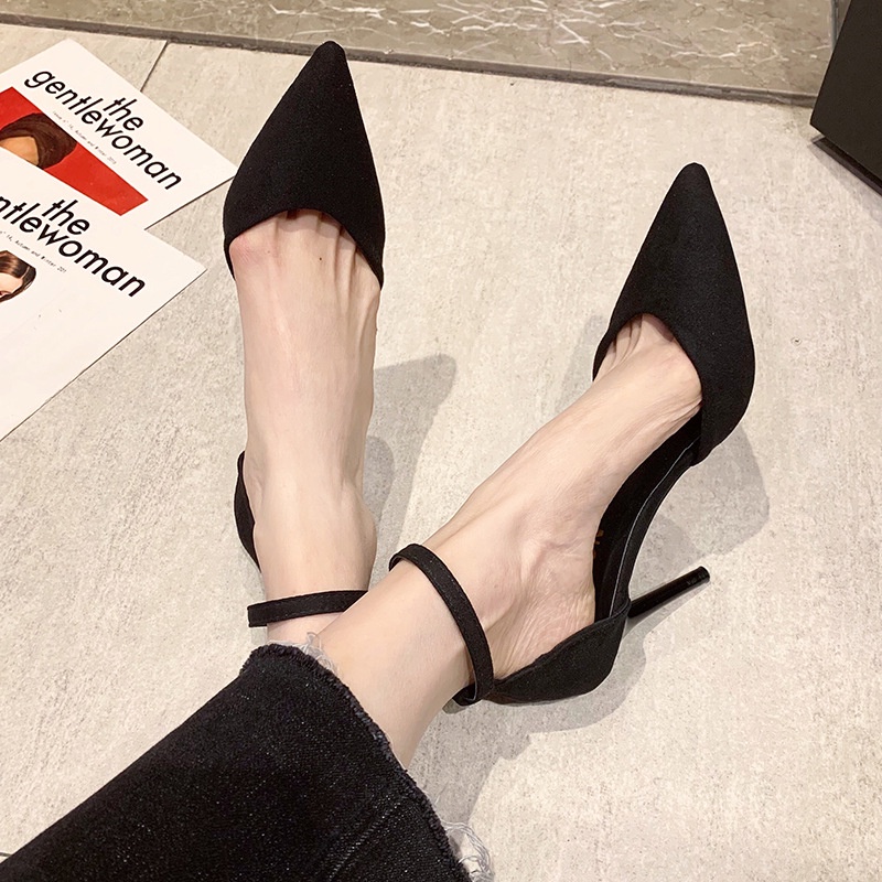 ZTAIXIELUA Giày Cao Gót 7 / 9cm Da Lộn Mũi Nhọn Màu Đen Thời Trang 02285