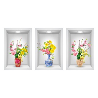 Tranh dán tường vtc ô 3d bộ ba bình hoa xuân binh_3d_006 kim sa