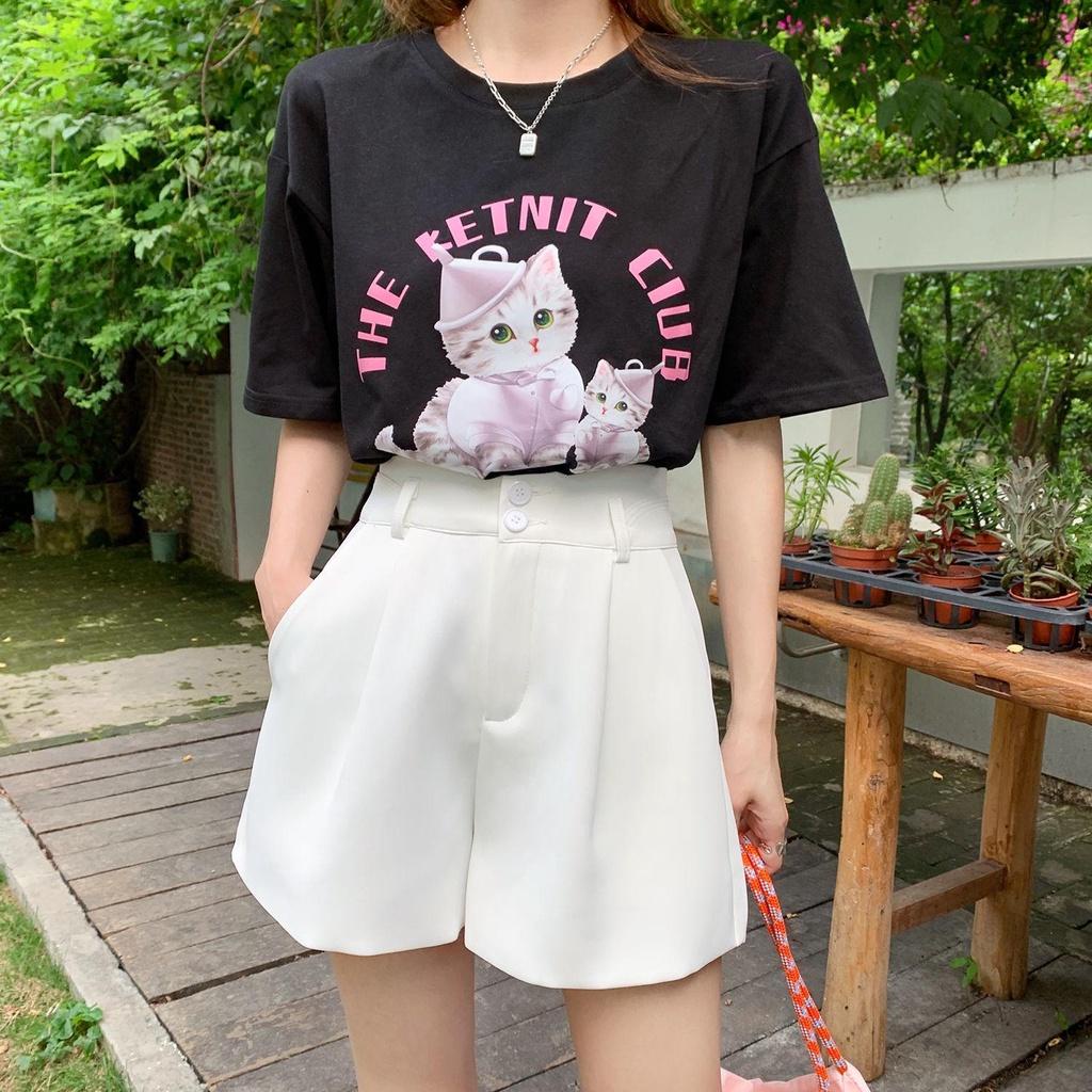 Quần short nữ ống rộng lưng cao CHAT 2 khuy vải tuyết mưa đẹp Q145