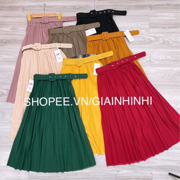 Chân váy dập ly kèm đai váy có đục lỗ, Chân váy dáng dài xếp ly không ánh nhũ CV1915 - NhiNhi Shop Ma