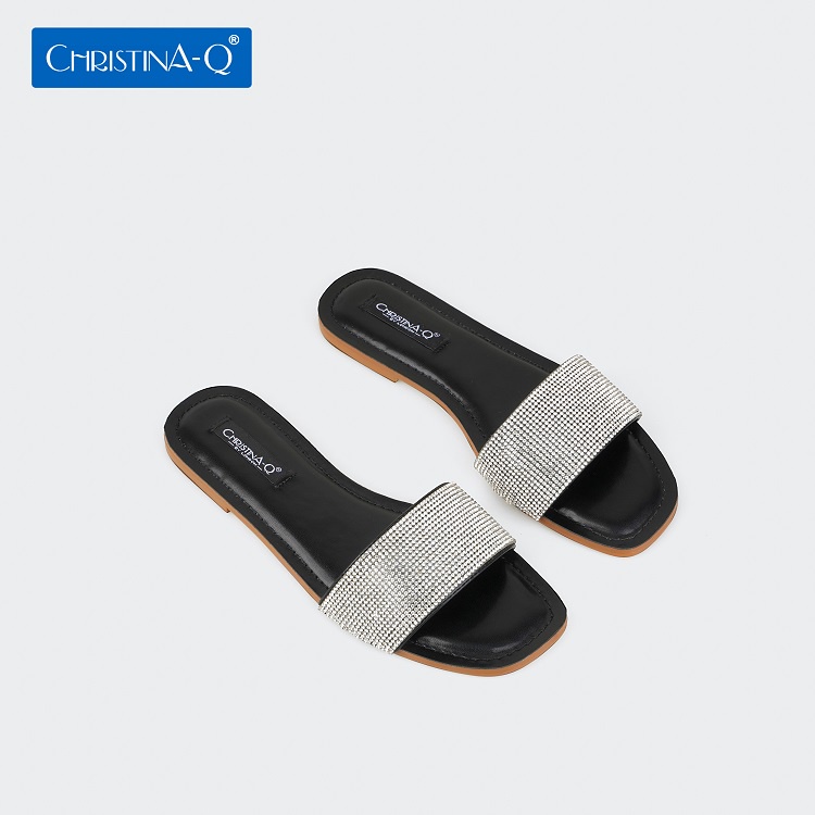 Dép Nữ Mũi Vuông Đính Hạt Quai Ngang ChristinA-Q DNU089