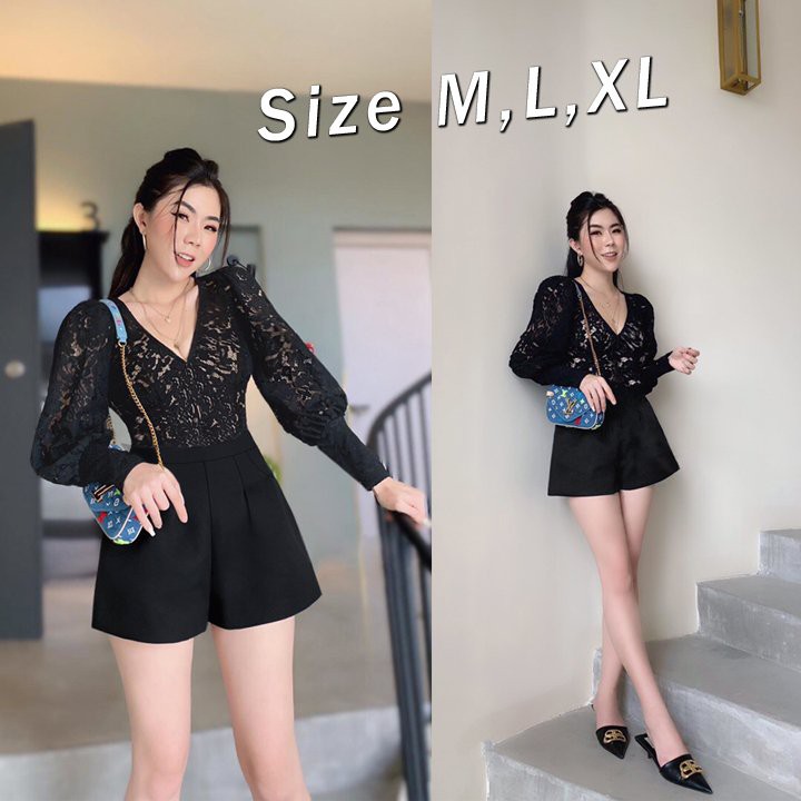 Jumpsuit short ren tay dài cổ tim thiết kế cao cấp