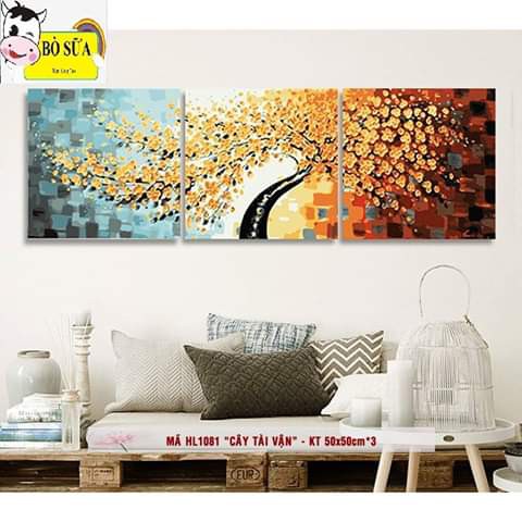 Tranh sơn dầu số hóa tự tô màu bộ 3 bức size 50x50cm đã căng khung và đầy đủ phụ kiện, phủ bóng