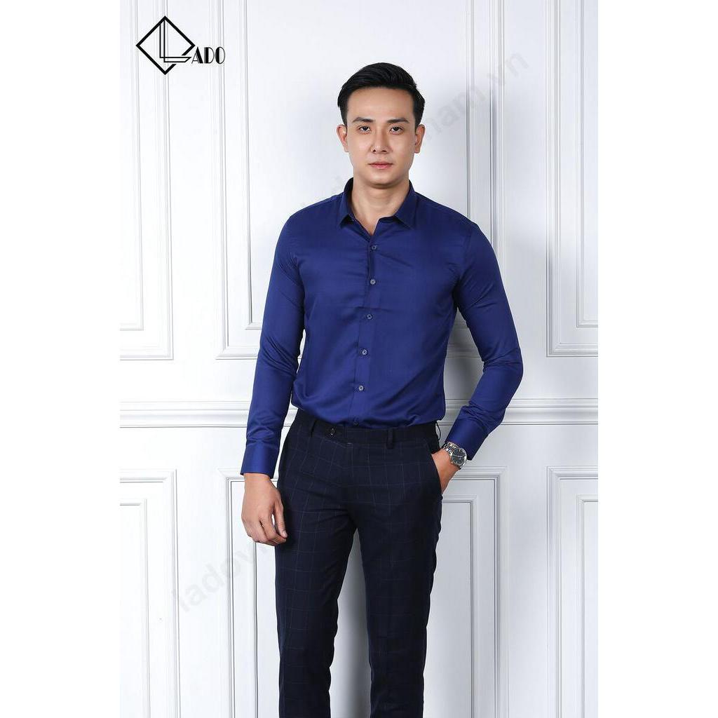 Áo sơ mi trơn màu xanh da trời dài tay không nhăn co dãn nhẹ LADO 978
